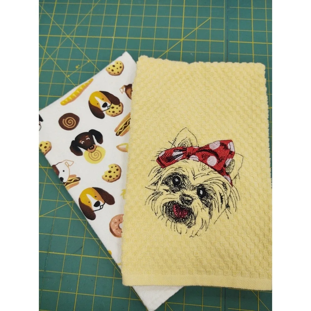 YORKIE Dog With Headband Kitchen Bath Hand Bar Towel Set of 2 Great Gift Idea!